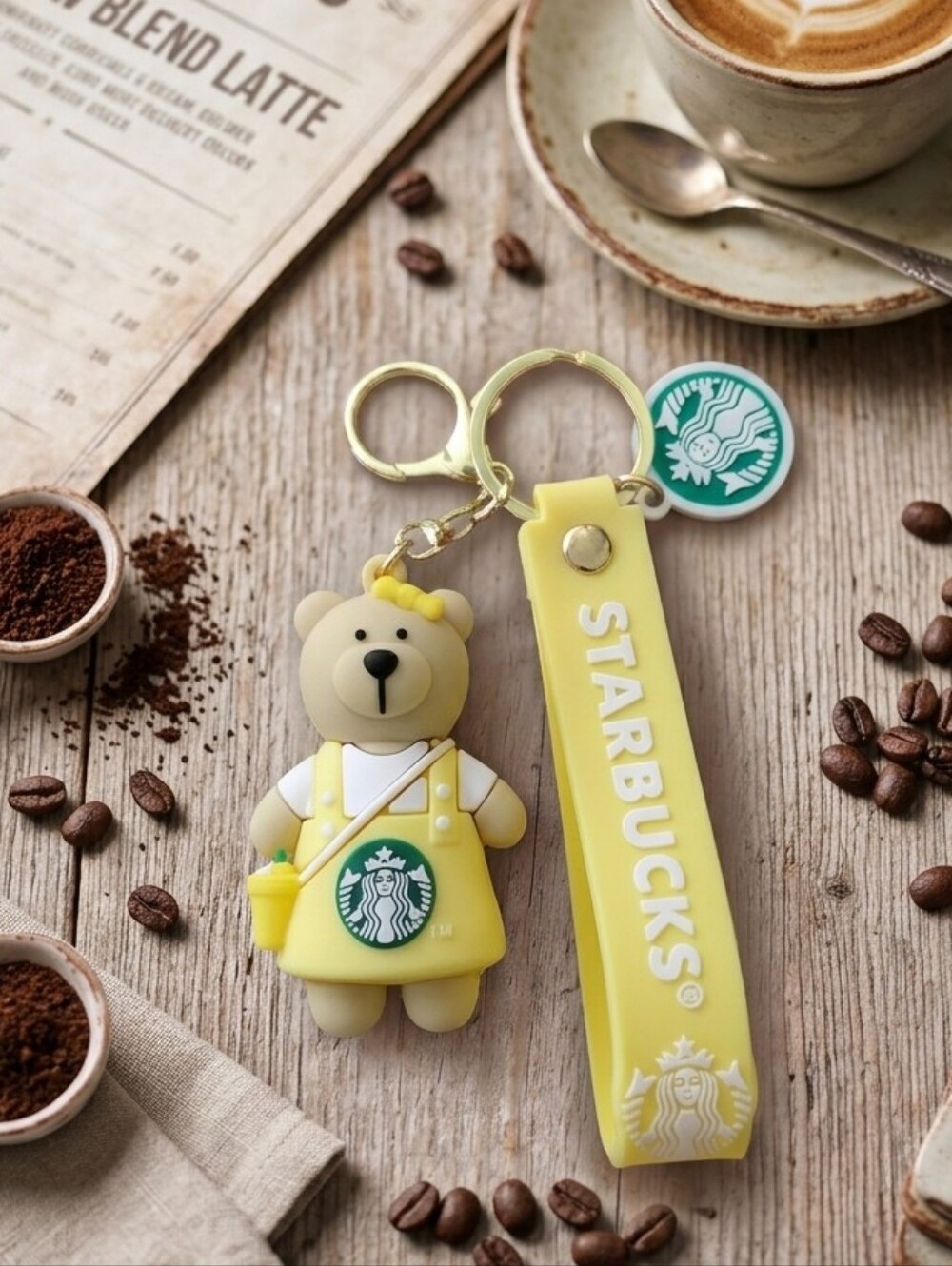 Starbucks Yellow Bear Keychain with Logo Strap